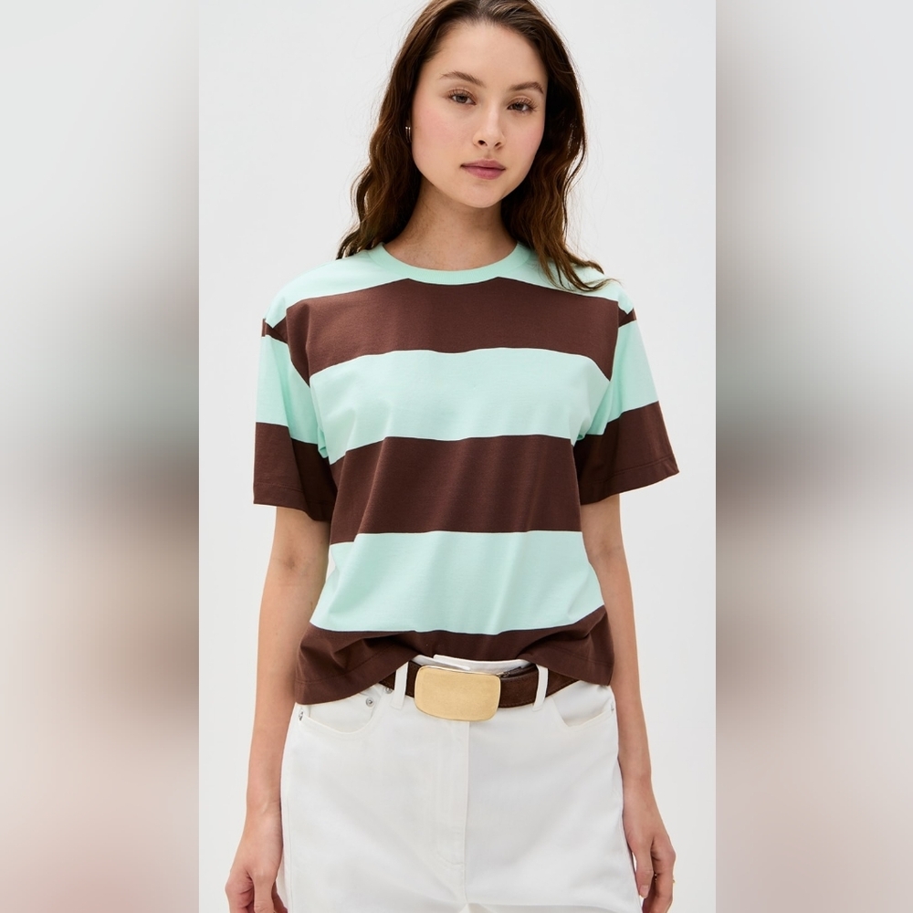 Le Bop Rory Striped Tee Mint and Brown Women's Top XXL - Picture 2 of 9